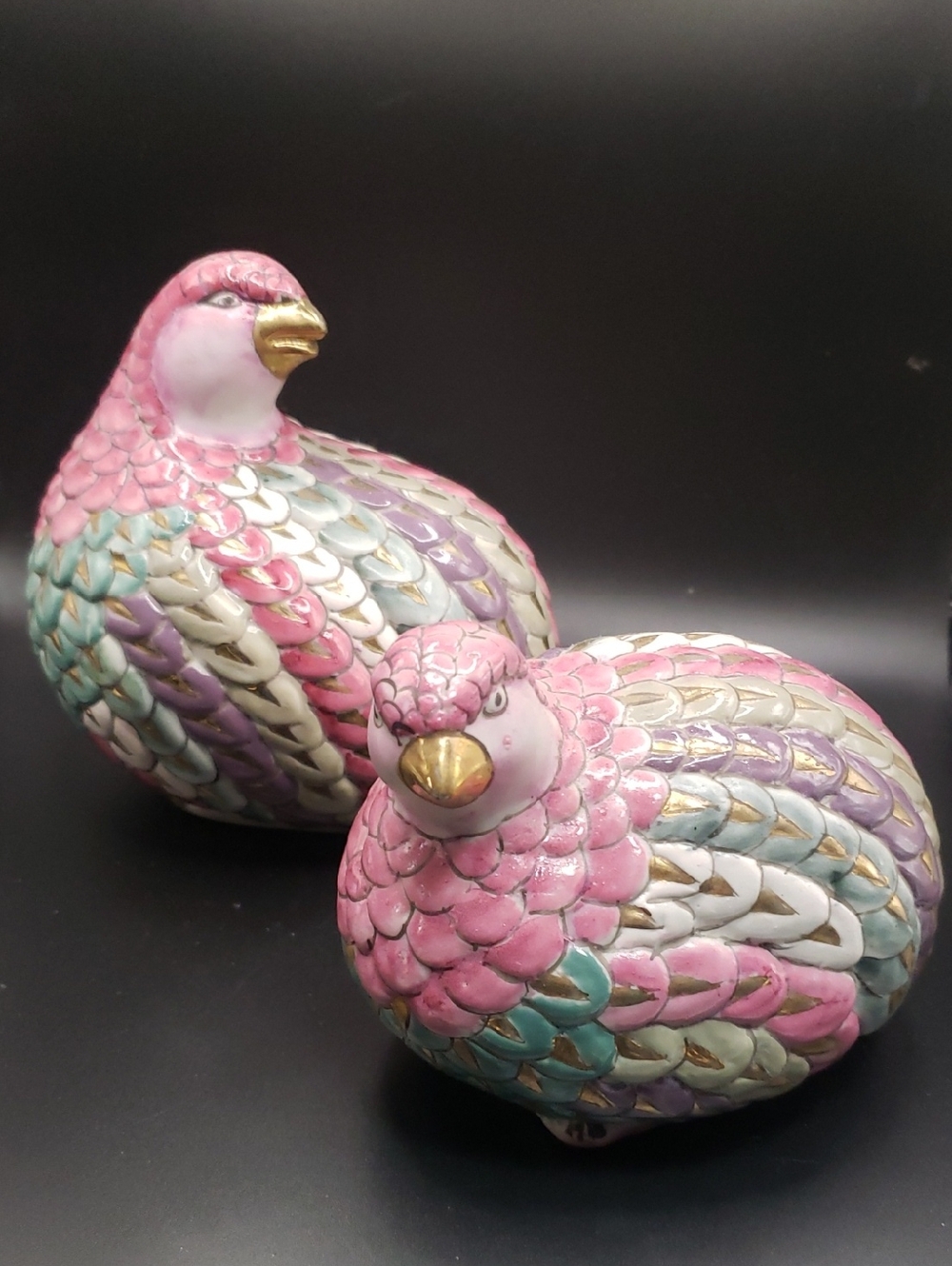 Vintage Hand Painted Colorful Ceramic Quail Figurine Set